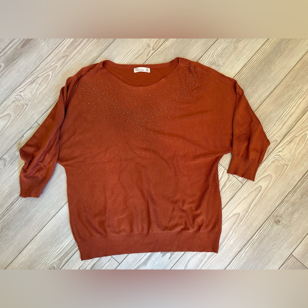 89th + Madison burnt orange sweater. Gold beaded.